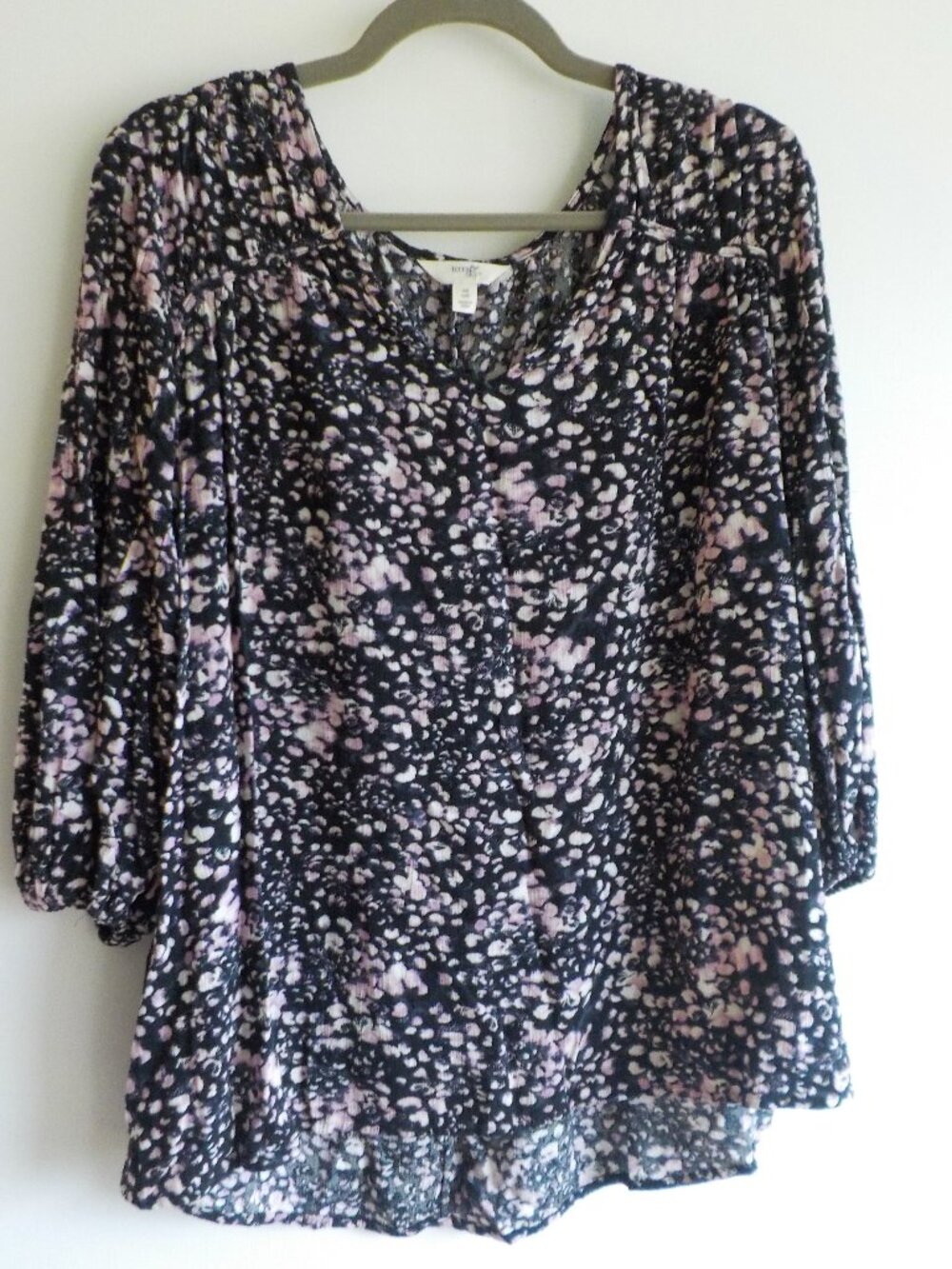 Terra Sky Blouse - 0X (14W) - Pink/White/Black Boho Puff Sleeves (2497)